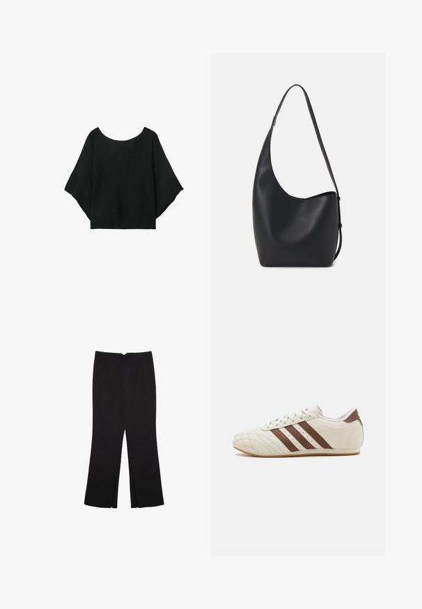 Crna pletena majica s širokim rukavima, izrezom u obliku suze i opuštenim krojem. Tkanina ima rebrastu teksturu, bez kopčanja ili uzoraka.; Crne hlače ravnog kroja, s prednjim džepovima i bočnim prorezima na rubu. Izrađene od mekog i glatkog materijala. Pogodne za razne prigode.; Bijele kožne tenisice s smeškim prugama, s zaobljenim vrhom, perforiranim detaljima i gumiranim potplatom.; Crna kožna hobo torba s glatkom teksturom, zakrivljenim oblikom i jednom podesivom trakicom; ima širok otvor na vrhu.