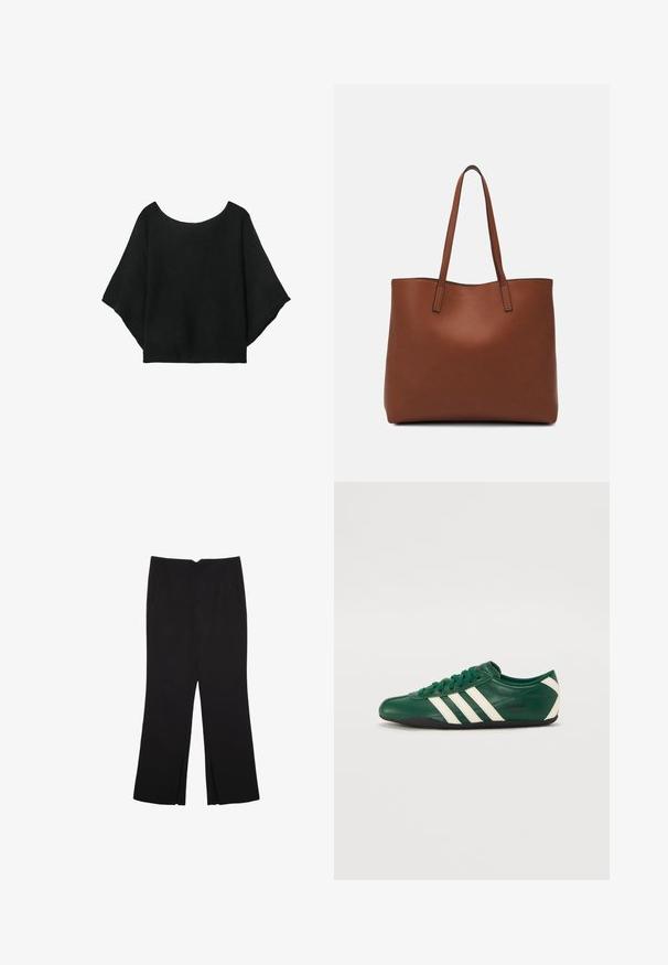 Černý pletený top s širokými rukávy, kulatým výstřihem a volným střihem. Tkanina má žebrovanou texturu, bez zapínání nebo vzorů.; Černé kalhoty s rovným střihem, s předními kapsami a bočními rozparky na lemu. Vyrobené z jemné, hladké tkaniny. Vhodné na různé příležitosti.; Zelené kožené tenisky s bílými pruhy, kulatou špičkou, šněrovacím designem, černou podrážkou a logem "adidas TOKYO" na boku.; Hnědá kožená taška přes rameno s hladkou texturou, otevřeným designem a dvěma ramenními popruhy. Obsahuje minimální švy a žádné viditelné kovové prvky.