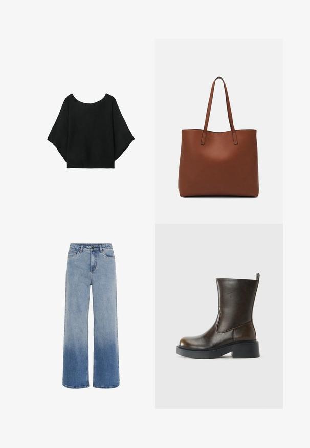 Musta neulepaita, jossa on leveät hihat, pyöreä pääntie ja rento istuvuus. Kankaassa on ribbitekstuuria, ilman kiinnityksiä tai kuvioita.; Siniset korkeavyötäröiset farkut, joissa on leveät lahkeet ja liukuväri vaaleasta tummansiniseen alaosassa.; Tummanruskea keskipituinen nahkasaapas pyöreällä varvaskappaleella, paksulla mustalla pohjalla, matalalla blokkikannalla ja vetotapilla takana.; Ruskea nahkainen olkalaukku, jossa on sileä pinta, avoin yläosa ja kaksi olkahihnaa. Omaavat vain minimaalisen ompelun eikä näkyvää metalliosaa.