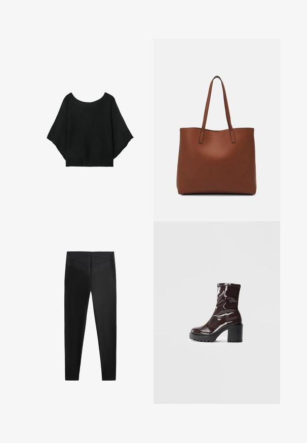 Črn pleteni top s širokimi rokavi, krojem z okroglo izrezano vratnim delom in sproščenim fitom. Tkanina ima rebrasto teksturo, brez zapiralk ali vzorcev.; Črne športne legice z gladko teksturo, ki imajo širok pas in diogonalni teksturni vzorec blizu pasu za dodaten oblikovalski detajl.; Sijajan škrlatank z bleščečim videzom, z masivnim črnim peto, ki se ponaša z gladko teksturo in preprostim dizajnom. Brez vidnih zapenjal ali vzorcev.; Rjava usnjena torba z gladko teksturo, odprto zasnovo zgoraj in dvema naramnima trakovoma. Opremljena je z minimalnim šivanjem in brez vidnih kovinskih delov.