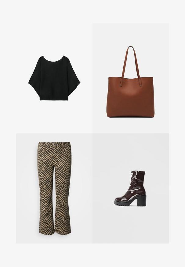 Top nero a maglia con maniche larghe, scollatura a girocollo e vestibilità morbida. Il tessuto ha una texture a coste, senza chiusure né motivi.; Pantaloni a zampa di elefante a righe zebrate marroni e nere, con una texture liscia e una vita standard dotata di due tasche anteriori e passanti per cintura.; Stivale alla caviglia bordeaux lucido con un tacco spesso nero, caratterizzato da una superficie liscia e un design semplice. Nessuna chiusura visibile o motivo.; Borsa tote in pelle marrone con texture liscia, design con apertura superiore e due spallacci. Presenta cuciture minime e nessun hardware visibile.