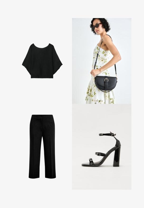 Svart stickad topp med vida ärmar, rundad halsringning och avslappnad passform. Tyget har en ribbad textur, utan knappar eller mönster.; Svarta, vida byxor i ett slätt tyg med två fickor framtill och en platt midja. Skräddarsydd design med en ren silhuett.; Svarta lackerade högklackade sandaler med två spännband, fyrkantig tå och en tjock klack, med en slät och glansig yta.; Svart läderhandväska med en böjd form, avtagbar rem och guldiga detaljer. Väskan har ett lock med en spänndetalj.