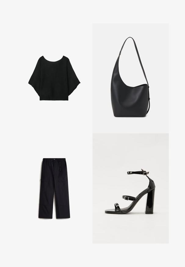 Černý pletený top s širokými rukávy, kulatým výstřihem a volným střihem. Tkanina má žebrovanou texturu, bez zapínání nebo vzorů.; Černé cargo kalhoty s elastickým pasem, nastavitelným opaskem a dvěma bočními kapsami. Vyrobeny z lehké, texturované látky.; Černé lakované sandály na vysokém podpatku se dvěma pásky se sponami, čtvercovou špičkou a robustním blokovým podpatkem, s hladkou, lesklou texturou.; Černá kožená hobo taška s hladkým povrchem, zakřiveným tvarem a jedním nastavitelným popruhem; má široké otevírání nahoře.