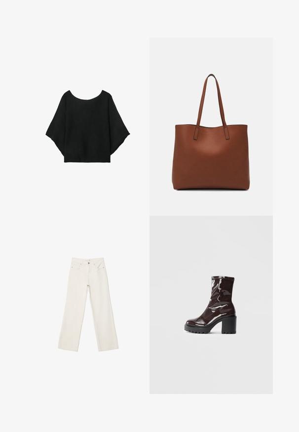 Svart stickad topp med vida ärmar, rundad halsringning och avslappnad passform. Tyget har en ribbad textur, utan knappar eller mönster.; Vita vida jeans i denim med hög midja, framfickor och knäppning. Rent design med minimala detaljer.; Glansig bordeauxfärgad ankelsko med en kraftig svart klack, som har en slät yta och enkel design. Inga synliga stängningar eller mönster.; Brun läder tote-väska med en slät textur, öppen toppdesign och två axelremmar. Har minimal söm och ingen synlig metalldetalj.