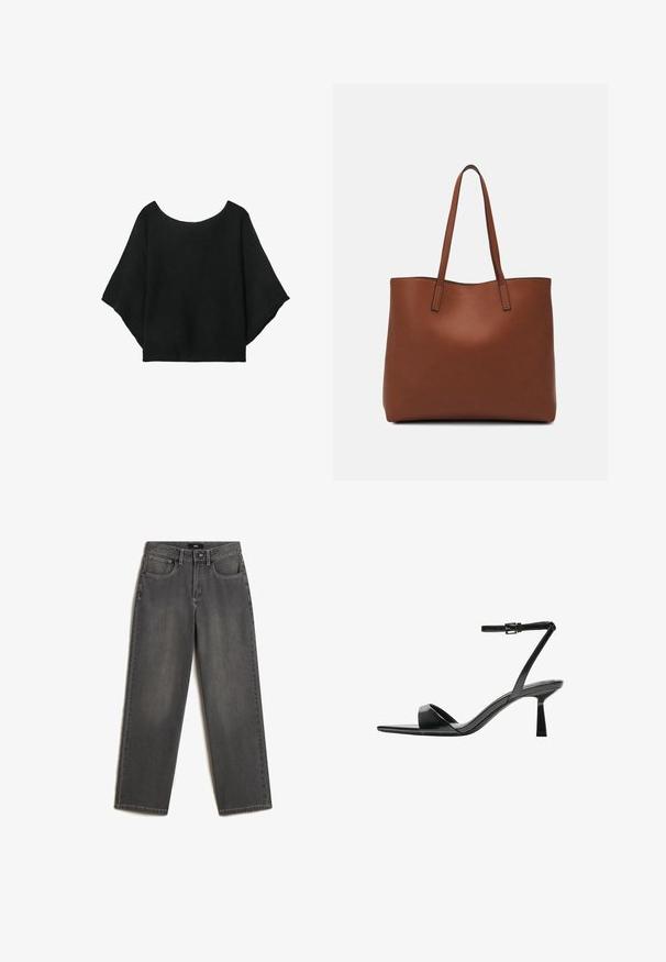Svart stickad topp med vida ärmar, rundad halsringning och avslappnad passform. Tyget har en ribbad textur, utan knappar eller mönster.; Grå vida jeans i denim. Har fem fickor, stängning med framknapp och dragkedja, samt subtila blekningar på tyget.; Bershka Sandaletter - black; Brun läder tote-väska med en slät textur, öppen toppdesign och två axelremmar. Har minimal söm och ingen synlig metalldetalj.