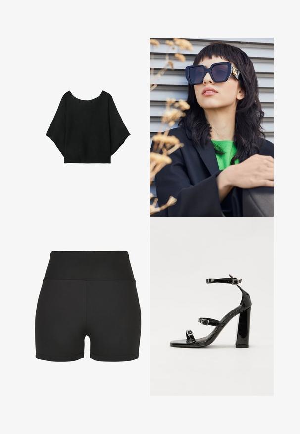 Černý pletený top s širokými rukávy, kulatým výstřihem a volným střihem. Tkanina má žebrovanou texturu, bez zapínání nebo vzorů.; Černé atletické kraťasy s vysokým pasem vyrobené z hladkého, elastického materiálu. Mají hladké švy a přiléhavý design, ideální pro sportovní oblečení.; Černé lakované sandály na vysokém podpatku se dvěma pásky se sponami, čtvercovou špičkou a robustním blokovým podpatkem, s hladkou, lesklou texturou.; Příliš velké černé sluneční brýle s tlustým rámem a zlatým akcentem, nošené s černým sako a jasně zelenou košilí, na horizontálním pozadí.