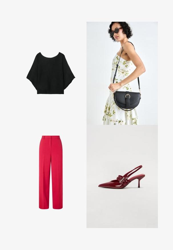 Čierny pletený top so širokými rukávmi, s okrúhlym výstrihom a voľným strihom. Tkanina má pruhovanú textúru, bez zapínania alebo vzorov.; Červené nohavice s vysokým pásom a širokými nohavicami, so slučkami na opasok a skrytou prednou zapínaním na bielom pozadí.; Červené lakované kožené sandále na podpätku s jemne špičatou špičkou, dvoma prackovými remienkami a štíhlym, stredne vysokým ihlovým podpätkom. Hladký povrch.; Čierna kožená kabelka s zaobleným tvarom, odnímateľným popruhom a zlatými doplnkami. Kabelka má klopu s detailom s prackou.