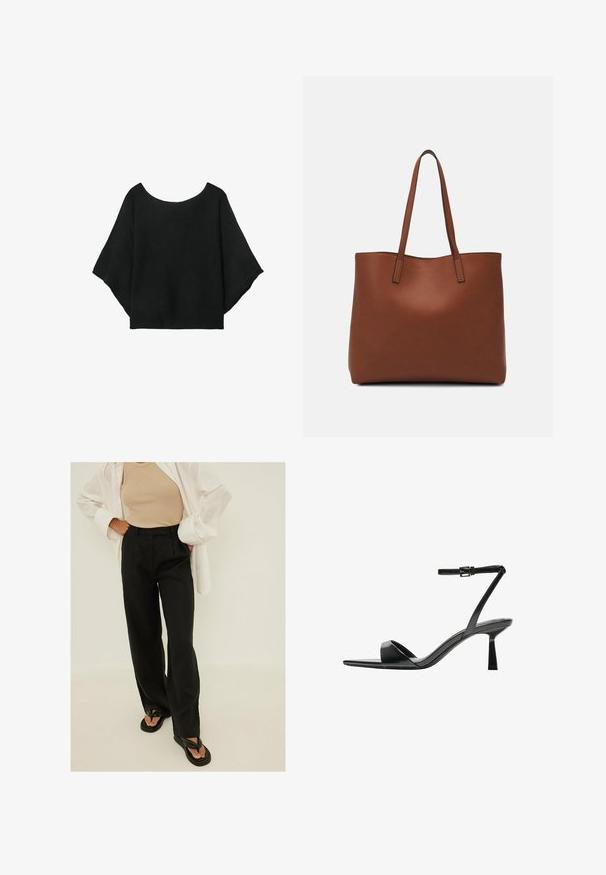 Svart stickad topp med vida ärmar, rundad halsringning och avslappnad passform. Tyget har en ribbad textur, utan knappar eller mönster.; Svarta högmidjade vida byxor, tillverkade av lättviktsmaterial, med framfåll och mjuk yta. Kombinerade med enkla svarta flip-flops.; Bershka Sandaletter - black; Brun läder tote-väska med en slät textur, öppen toppdesign och två axelremmar. Har minimal söm och ingen synlig metalldetalj.