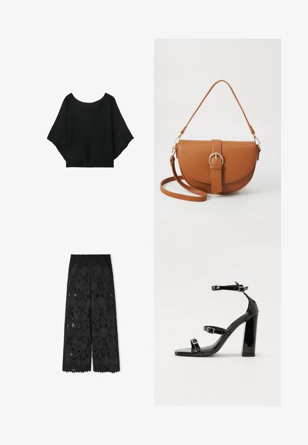 Top nero a maglia con maniche larghe, scollatura a girocollo e vestibilità morbida. Il tessuto ha una texture a coste, senza chiusure né motivi.; Pantaloni larghi neri realizzati in pizzo con motivi floreali. Presentano un elastico in vita e un orlo scallop. Tessuto semitrasparente.; Sandali con tacco alto in vernice nera con due cinturini con fibbia, punta quadrata e tacco spesso a blocco, caratterizzati da una texture liscia e lucida.; Borsa a tracolla in pelle marrone con forma curvata, hardware dorato e un dettaglio con fibbia. Presenta una tracolla rimovibile.