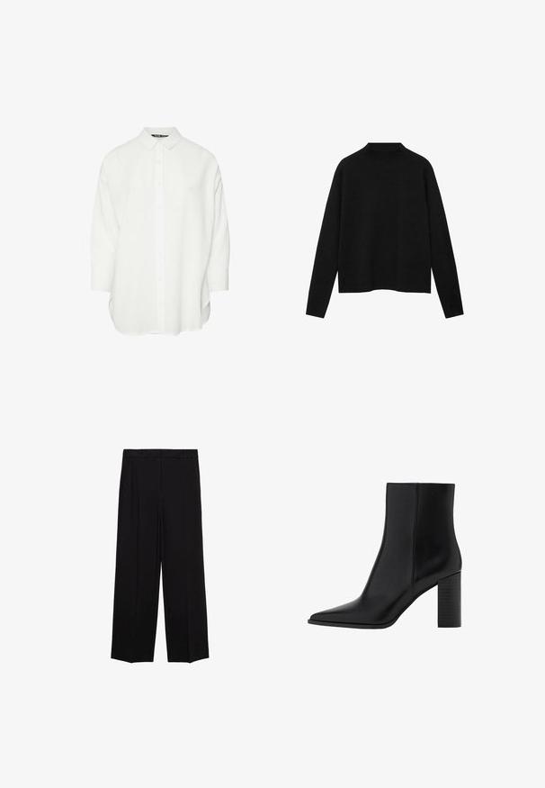 Czarny sweter z golfem wykonany z miękkiego materiału, z długimi rękawami i luźnym krojem, o czystym, minimalistycznym designie.; Biała koszula zapinana na guziki z kołnierzykiem i rękawami do 3/4. Wykonana z gładkiego materiału, o prostym kroju i bocznych rozcięciach.; Czarne spodnie o szerokich nogawkach z gładkiego materiału, z plisami z przodu i bocznymi kieszeniami, zaprojektowane w prostym, luźnym kroju.; Czarny skórzany botek za kostkę z ostrywnym noskiem, kwadratowym obcasem, gładką fakturą oraz detalami szycia wzdłuż szwów. Wysokość obcasów wynosi około 3,5 cala.