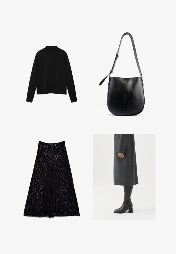 Jersey negro de cuello alto hecho de una tela suave, con mangas largas y un corte relajado, que presenta un diseño limpio y minimalista.; Falda de encaje negro con silueta acampanada, que presenta un patrón texturizado y una cintura suave, de longitud hasta la rodilla con un interior forrado.; Abrigo gris, entallado y de corte recto; combinado con botas de cuero negras hasta la rodilla que tienen punta cuadrada y tacón grueso.; Bolso de mano de cuero negro con una textura suave, forma curva, correa ajustable y un sutil logo en relieve en la parte frontal.