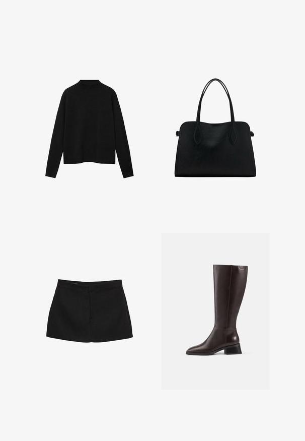 Pulover negru cu guler înalt dintr-un material moale, având mâneci lungi și o croială lejeră, cu un design curat și minimalist.; Fustă mini neagră cu talie structurată, textură fină și siluetă dreaptă. Nu are buzunare vizibile sau ornamente.; Botine din piele maro, până la genunchi, cu finisaj neted, vârf rotund și toc negru, stratificat. Design simplu, cu detalii hardware minime.; Geantă din piele neagră cu două mânere pentru umăr, formă rectangulară și design minimalistic pe un fundal alb.