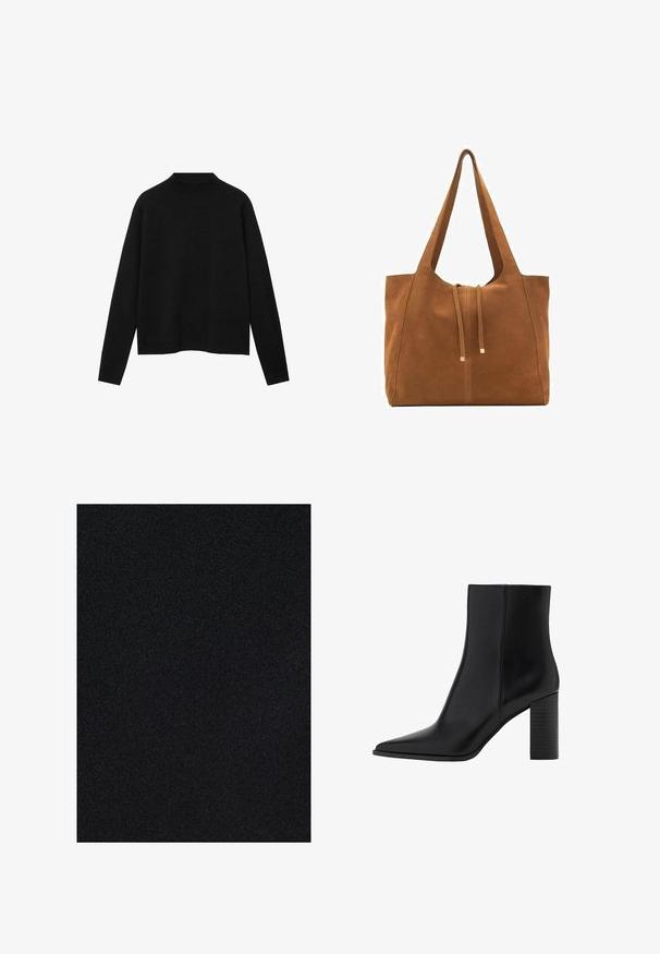 Schwarzer Rollkragenpullover aus weichem Stoff, mit langen Ärmeln und einem lockeren Schnitt, der ein sauberes, minimalistisches Design aufweist.; Schwarzer Stoff mit glatter Oberfläche, einheitlicher Farbe und subtiler Schattierung, geeignet für verschiedene Anwendungen und Bekleidung.; Schwarze Leder-Ankle Boots mit spitzem Zehenbereich, quadratischem Absatz, glatter Textur und Nähten entlang der Nähte. Die Absätze messen ungefähr 8,9 cm.; Braune Wildleder-Tasche mit zwei langen Trägern, Zugverschluss und minimalistischem Design. Glatte Textur und keine sichtbaren Hardware-Details.