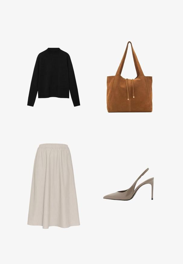 Black turtleneck sweater made of soft fabric, featuring long sleeves and a relaxed fit, with a clean, minimalistic design.; Light beige, ankle-length skirt with an elastic waistband. Features vertical pinstripes and a flowy, textured fabric.; Beige patent leather slingback high heels with a pointed toe and a sleek design, featuring a thin high heel and a cutout detail on the side.; Brown suede tote bag with two long straps, drawstring closure, and minimalistic design. Smooth texture and no visible hardware accents.