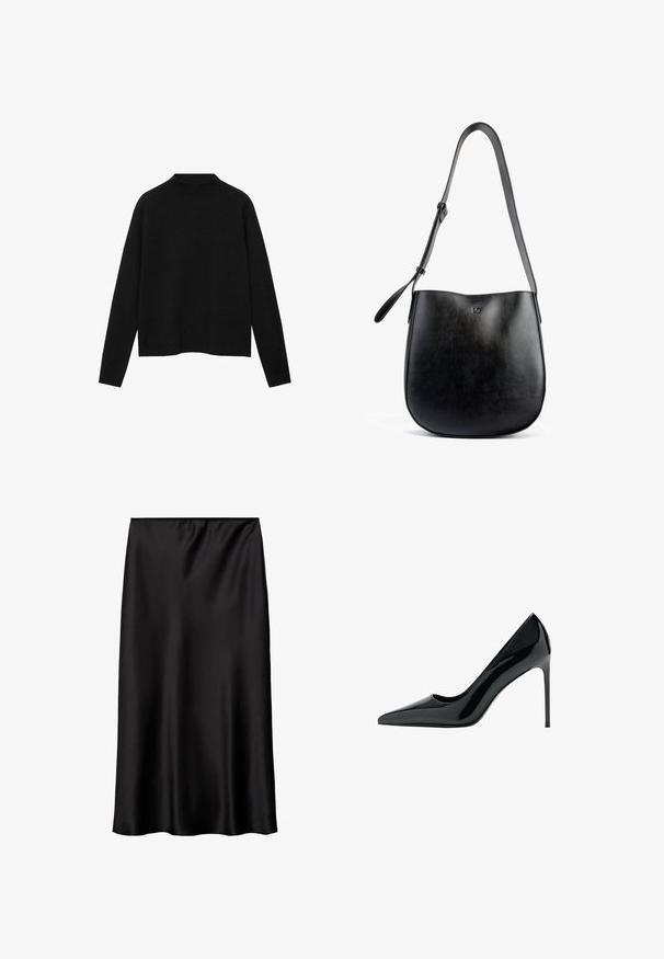 Svart polotröja i mjuk tyg, med långa ärmar och avslappnad passform, med en ren, minimalistisk design.; Svart satin kjol med en mjuk, glansig textur, med en enkel, rak skärning och ett elastiskt midjeband för en trygg passform.; Svart lackläder stilettklackpump med spetsig tå och slät, blanka yta; hög, smal klack; minimalistisk design.; Svart läderhandväska med en slät yta, böjd form, justerbar rem och en subtil präglad logotyp på framsidan.