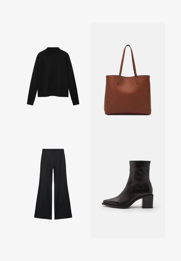 Czarny sweter z golfem wykonany z miękkiego materiału, z długimi rękawami i luźnym krojem, o czystym, minimalistycznym designie.; Czarne spodnie o szerokich nogawkach z gładką teksturą, z przodu ozdobione zakładkami i skrojonym fasonem. Materiał jest lekki i zwiewny.; Czarne skórzane botki za kostkę z kwadratowym czubkiem i blokowym obcasem. Projekt charakteryzuje się gładką teksturą i minimalną ilością szwów.; Brązowa skórzana torba tote o gładkiej fakturze, z otwartym wierzchem i dwoma ramiączkami. Charakteryzuje się minimalnym przeszyciem i brakiem widocznych elementów metalowych.