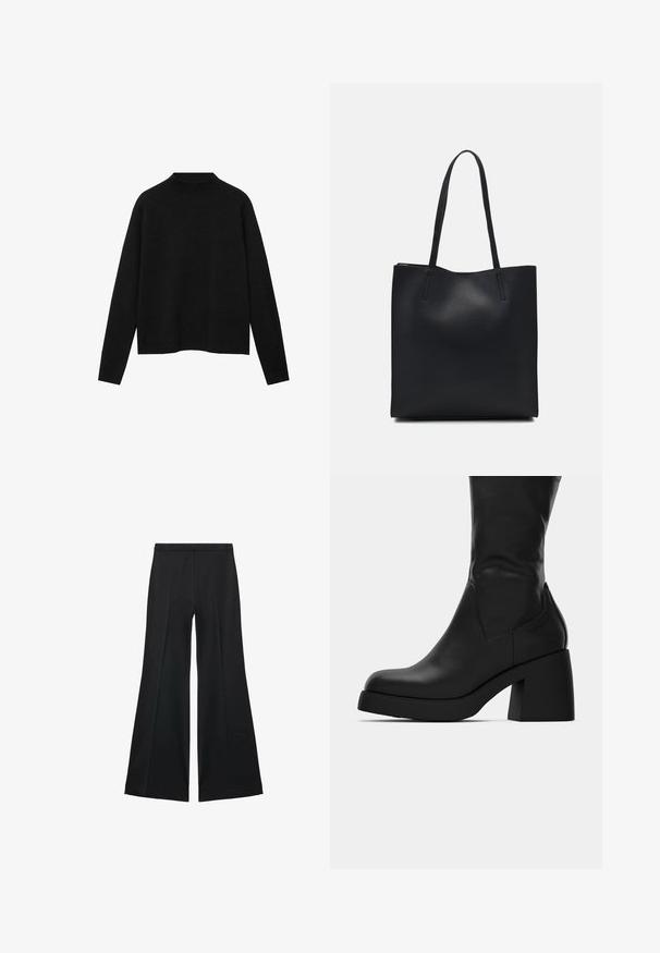 Črn pulover z visokim ovratnikom, izdelan iz mehke tkanine, z dolgimi rokavi in sproščenim krojem, z čistim, minimalističnim dizajnom.; Črne široke hlače z gladko teksturo, ki imajo sprednje nabore in kroj po meri. Tkanina je lahka in zračna.; Črne usnjene škornje do meč s debelim blokastim petami in okroglo konico, prikazane s stranske strani na belem ozadju.; Črna usnjena torba s svilnato teksturo, pravokotne oblike in dvema dolgima ročajema. Brez vidnih metalnih delov ali okrasnih elementov.