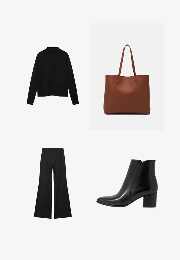 Maglione a collo alto di colore nero realizzato in tessuto morbido, con maniche lunghe e una vestibilità rilassata, caratterizzato da un design pulito e minimalista.; Pantaloni neri a gamba larga con una texture liscia, caratterizzati da pieghe frontali e un design sartoriale. Il tessuto è leggero e fluido.; Anna Field LEATHER - Stivaletti - black; Borsa tote in pelle marrone con texture liscia, design con apertura superiore e due spallacci. Presenta cuciture minime e nessun hardware visibile.