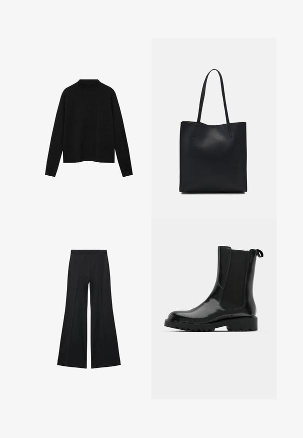 Pulover negru cu guler înalt dintr-un material moale, având mâneci lungi și o croială lejeră, cu un design curat și minimalist.; Pantaloni negri cu croială largă, având o textură netedă, cu pliseuri frontale și un design croit. Materialul este ușor și fluid.; Botine negre, realizate dintr-un material lucios, cu panouri laterale elastice, un tab de fixare și o talpă groasă, rezistentă, cu detalii de profil.; Geantă tote neagră din piele, cu textură netedă, formă rectangulară și două mânere lungi. Fără hardware vizibil sau ornamente.