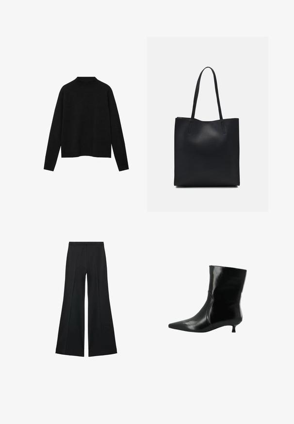 Maglione a collo alto di colore nero realizzato in tessuto morbido, con maniche lunghe e una vestibilità rilassata, caratterizzato da un design pulito e minimalista.; Pantaloni neri a gamba larga con una texture liscia, caratterizzati da pieghe frontali e un design sartoriale. Il tessuto è leggero e fluido.; Stivaletto in pelle nera con punta affilata e tacco basso a kitten, dettaglio della cucitura laterale e finitura lucida e liscia.; Borsa tote in pelle nera con texture liscia, forma rettangolare e due manici lunghi. Nessun hardware o decorazione visibile.