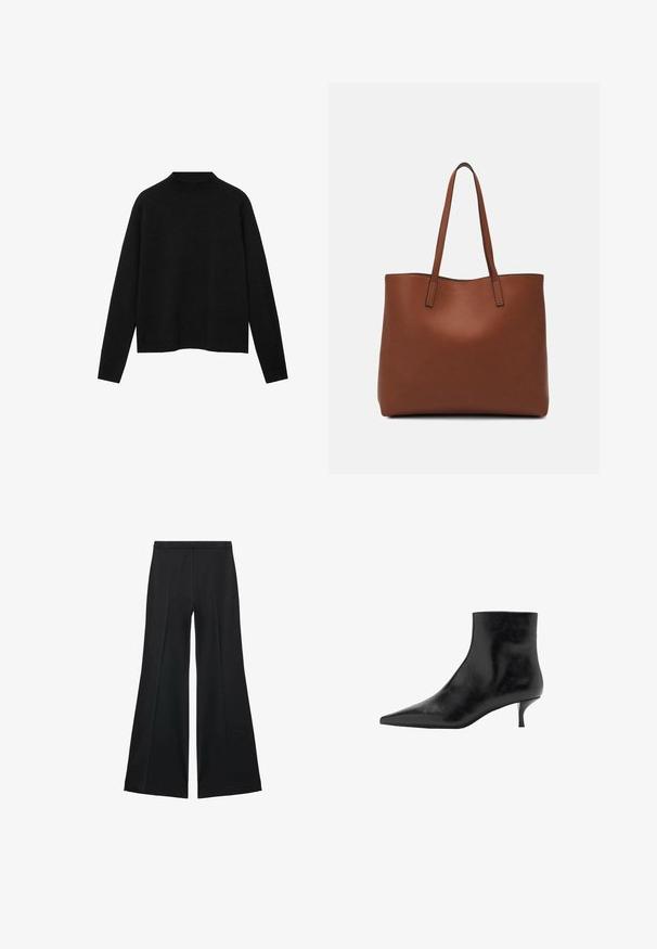 Čierny rolák vyrobený z mäkkého materiálu, s dlhými rukávmi a voľným strihom, s čistým, minimalistickým dizajnom.; Čierne široké nohavice s hladkou textúrou, s prednými záhybmi a elegantným strihom. Materiál je ľahký a pruhlý.; Čierne kožené členkové topánky s špicatou špičkou, štíhlym podpätkom typu kitten a hladkým povrchom. Jednoduchý dizajn, bez dekoratívnych akcentov.; Hnedá kožená taška na rameno s hladkou textúrou, otvoreným vrchom a dvoma ramenými popruhmi. Má minimálne šitia a žiadne viditeľné kovania.