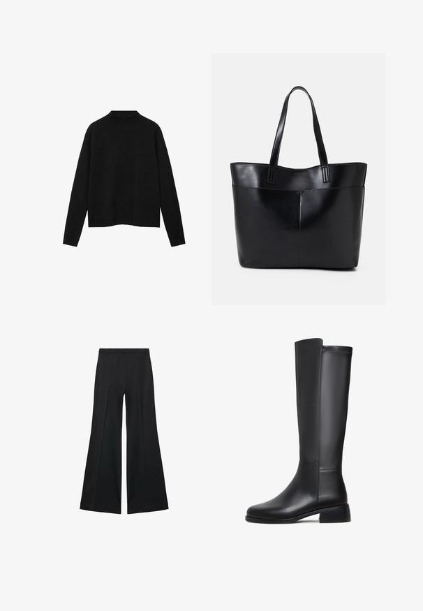Pulover negru cu guler înalt dintr-un material moale, având mâneci lungi și o croială lejeră, cu un design curat și minimalist.; Pantaloni negri cu croială largă, având o textură netedă, cu pliseuri frontale și un design croit. Materialul este ușor și fluid.; Cizma de piele neagră, până la genunchi, cu o textură netedă, vârf rotund, toc mic și detalii subtile de cusătură pe lateral.; Geantă oversized din piele neagră, cu două mânere lungi, de textură netedă și formă structurată. Are un buzunar frontal pentru stocare suplimentară.
