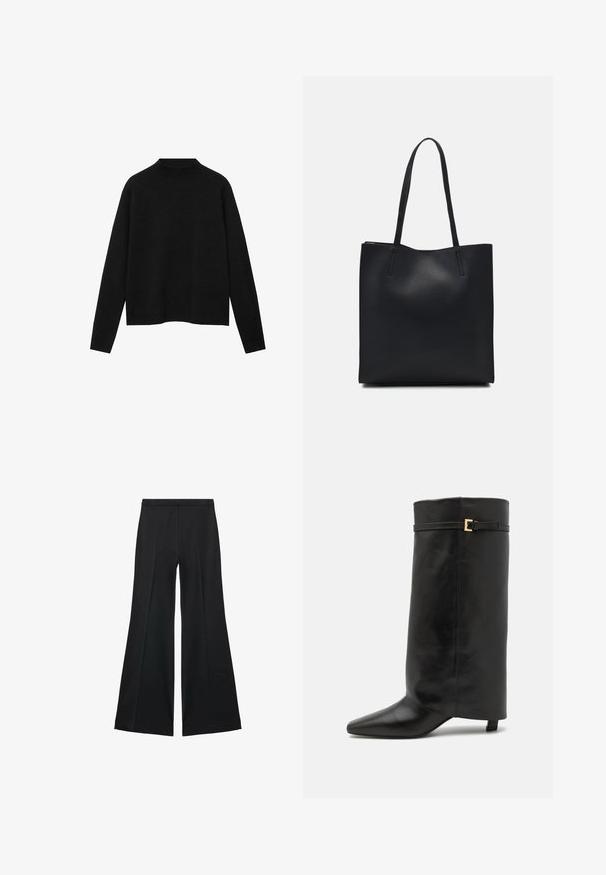 Černý rolák vyrobený z měkké látky, s dlouhými rukávy a uvolněným střihem, se čistým a minimalistic designem.; Černé kalhoty s širokými nohavicemi a hladkou texturou, s předními sklady a přizpůsobeným střihem. Materiál je lehký a splývavý.; ALOHAS EVITA - Vysoká obuv - black; Černá kožená taška přes rameno s hladkým povrchem, obdélníkovým tvarem a dvěma dlouhými uchy. Žádné viditelné kování ani ozdoby.