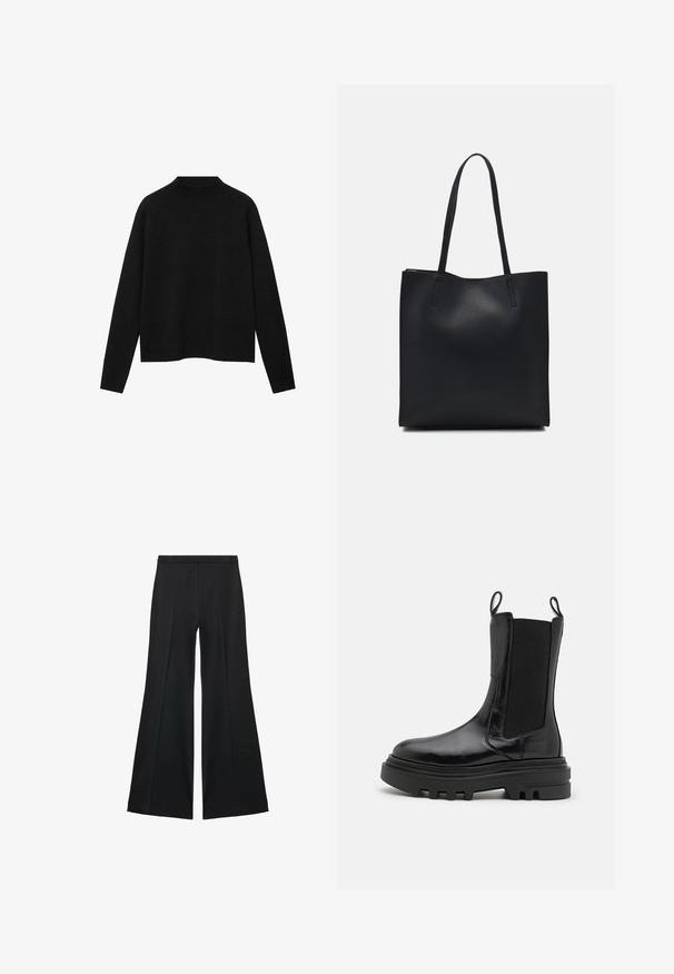 Black turtleneck sweater made of soft fabric, featuring long sleeves and a relaxed fit, with a clean, minimalistic design.; Black wide-leg pants with a smooth texture, featuring front pleats and a tailored design. The fabric is lightweight and flowy.; Black ankle boots with a shiny leather finish, elastic side panels, pull tabs, and a thick, textured rubber sole. Chunky design, sleek silhouette.; Black leather tote bag with smooth texture, rectangular shape, and two long handles. No visible hardware or embellishments.