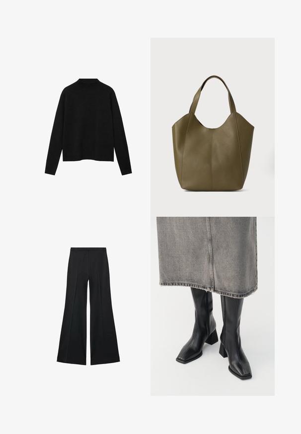 Pulover negru cu guler înalt dintr-un material moale, având mâneci lungi și o croială lejeră, cu un design curat și minimalist.; Pantaloni negri cu croială largă, având o textură netedă, cu pliseuri frontale și un design croit. Materialul este ușor și fluid.; Cizme negre până la genunchi din piele netedă, cu vârf pătrat și toc bloc. Purtate cu o fustă din denim gri, cu margine desfăcută.; Geantă tote din piele verde măslinie cu două mânere, textură netedă și design din patru panouri. Cusături întărite pe margini pentru durabilitate.