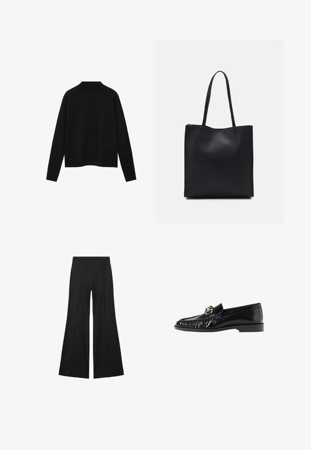 Crna rolka od mekanog materijala, s dugim rukavima i opuštenim krojem, s čistem, minimalističkim dizajnom.; Crne široke hlače s glatkom teksturom, koje imaju prednje nabore i kroj po mjeri. Tkanina je lagana i lepršava.; Crna kožna loaferica s zaobljenim vrhom, naboranom teksturom i zlatnim detaljima. Ravni potplat i glatka površina.; Crna kožna torba za nošenje s glatkom teksturom, pravokutnim oblikom i dvije duge ručke. Nema vidljivih metalnih dijelova ili ukrasa.