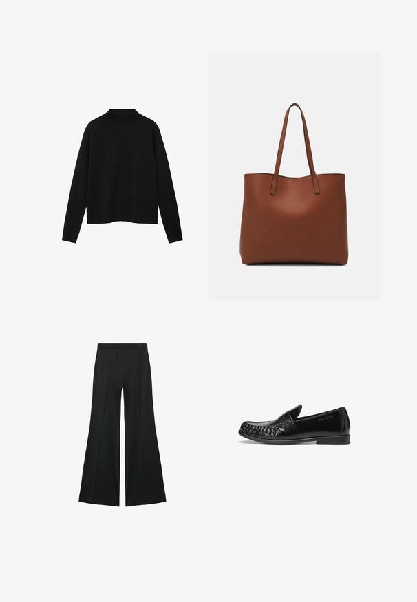 Black turtleneck sweater made of soft fabric, featuring long sleeves and a relaxed fit, with a clean, minimalistic design.; Black wide-leg pants with a smooth texture, featuring front pleats and a tailored design. The fabric is lightweight and flowy.; Black leather loafers with a smooth, shiny surface, rounded toe, and decorative stitching along the edges. Flat rubber sole with minimal tread.; Brown leather tote bag with a smooth texture, open top design, and two shoulder straps. Features minimal stitching and no visible hardware.