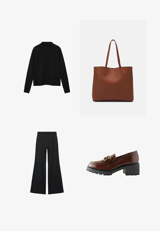 Zwarte coltrui van zacht materiaal, met lange mouwen en een relaxte pasvorm, met een schone, minimalistische uitstraling.; Zwarte wijde-pijpen broek met een gladde textuur, gekenmerkt door voorplooien en een op maat gemaakte uitstraling. De stof is lichtgewicht en vloeiend.; Bruine leren loafer met een ronde neus, decoratieve gouden hardware en een dikke zwarte platformzool met een textuurafwerking.; Bruine leren tote bag met een gladde textuur, een ontwerp met een open bovenkant en twee schouderbanden. Kenmerkt zich door minimale stiksels en geen zichtbare hardware.