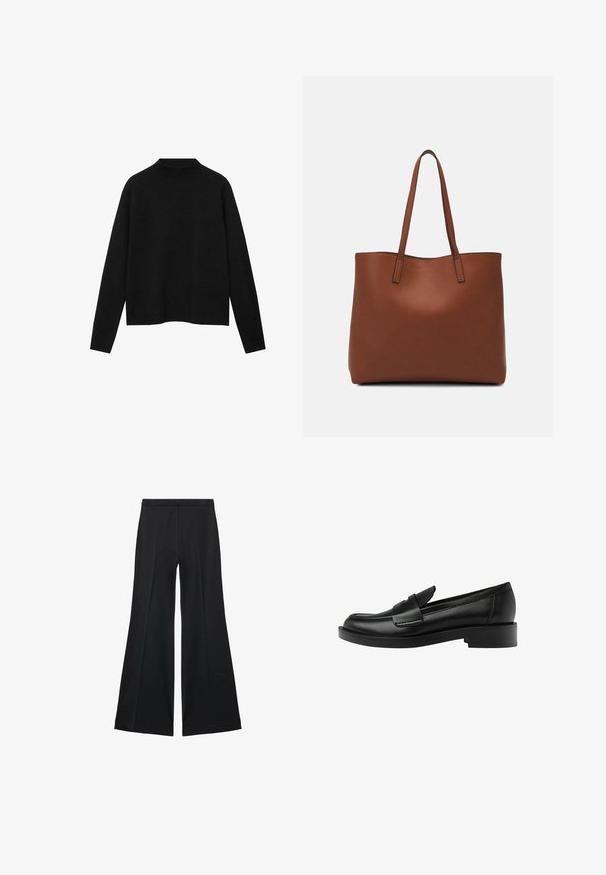 Mustat korkeakauluksinen neulepaita pehmeästä kankaasta, jossa on pitkät hihat ja rento istuvuus, sekä yksinkertainen, minimalinen muotoilu.; Mustat leveälahkeiset housut, joissa on sileä pinta, etupuolella laskokset ja muotolaskettu malli. Kangas on kevyttä ja laskeutuvaa.; Musta nahkaloaferi, jossa on pyöreä varvas, ja jossa on voimakas ompelutaito päällisessä sekä matala lohko korko vakauden takaamiseksi.; Ruskea nahkainen olkalaukku, jossa on sileä pinta, avoin yläosa ja kaksi olkahihnaa. Omaavat vain minimaalisen ompelun eikä näkyvää metalliosaa.