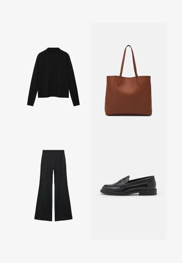 Svart polotröja i mjuk tyg, med långa ärmar och avslappnad passform, med en ren, minimalistisk design.; Svarta vida byxor med en slät textur, med framfickor och skräddarsydd design. Tyget är lätt och flödande.; Svarta läderskor i loafermodell med en slät yta, rund tå, sydda detaljer på ovandelen och en låg, platt gummisula.; Brun läder tote-väska med en slät textur, öppen toppdesign och två axelremmar. Har minimal söm och ingen synlig metalldetalj.