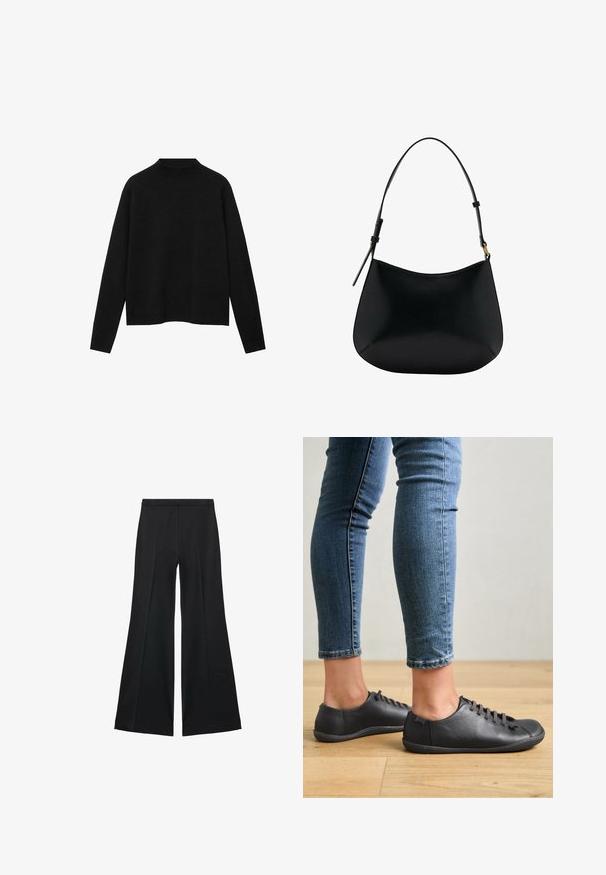 Čierny rolák vyrobený z mäkkého materiálu, s dlhými rukávmi a voľným strihom, s čistým, minimalistickým dizajnom.; Čierne široké nohavice s hladkou textúrou, s prednými záhybmi a elegantným strihom. Materiál je ľahký a pruhlý.; Čierne kožené topánky s okrúhlym nosom, nízkym profilom a šnurovacími detailmi. V kombinácii s modrými, priliehavými džínsy a pozadím z drevenej podlahy.; Čierna kožená kabelka na rameno s hladkou textúrou, zakriveným tvarom a nastaviteľným popruhom. Obsahuje minimálne švy a jednoduchý dizajn.