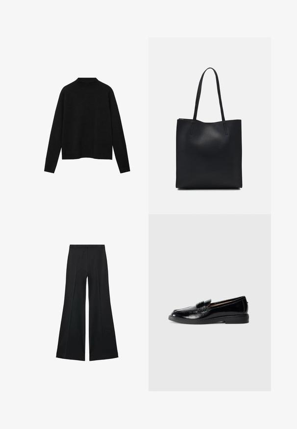 Crna rolka od mekanog materijala, s dugim rukavima i opuštenim krojem, s čistem, minimalističkim dizajnom.; Crne široke hlače s glatkom teksturom, koje imaju prednje nabore i kroj po mjeri. Tkanina je lagana i lepršava.; Crni sjajni kožni loafer s zaobljenim prstima, niskim potpeticama, ukrasnom trakom i glatkom potplatom na jednostavnoj svijetlosivoj pozadini.; Crna kožna torba za nošenje s glatkom teksturom, pravokutnim oblikom i dvije duge ručke. Nema vidljivih metalnih dijelova ili ukrasa.