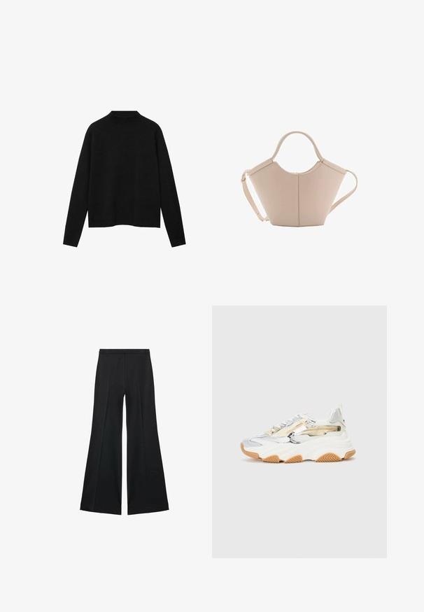Pulover negru cu guler înalt dintr-un material moale, având mâneci lungi și o croială lejeră, cu un design curat și minimalist.; Pantaloni negri cu croială largă, având o textură netedă, cu pliseuri frontale și un design croit. Materialul este ușor și fluid.; Sneakers chunky în argintiu și plasă albă, cu o talpă din cauciuc texturat, fermoare decorative și o talpă din cauciuc cu aspect de gumă.; Geantă de mână bej din piele cu o formă unică, dotată cu două mânere scurte și o curea lungă ajustabilă. Textură netedă, cu hardware minim.