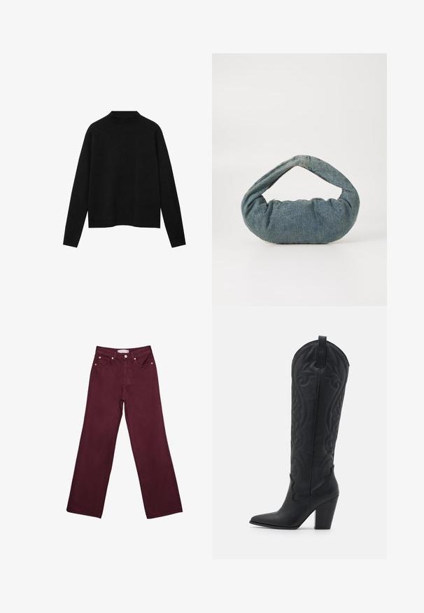 Mustat korkeakauluksinen neulepaita pehmeästä kankaasta, jossa on pitkät hihat ja rento istuvuus, sekä yksinkertainen, minimalinen muotoilu.; Burgundy korkeavyötäröiset farkut suoranlahkeisella designilla, joissa on etutaskut, nappisuljenta ja kuparinvärisiä varusteita.; Zign Biker-/cowboysaappaat - black; Sininen farkkureppu, jossa on pehmustettu, pyöreä muoto ja kaareva kahva. Kankaan pinta on pehmeä, ja siinä on näkyvää ommeltavaa sekä sileä viimeistely.