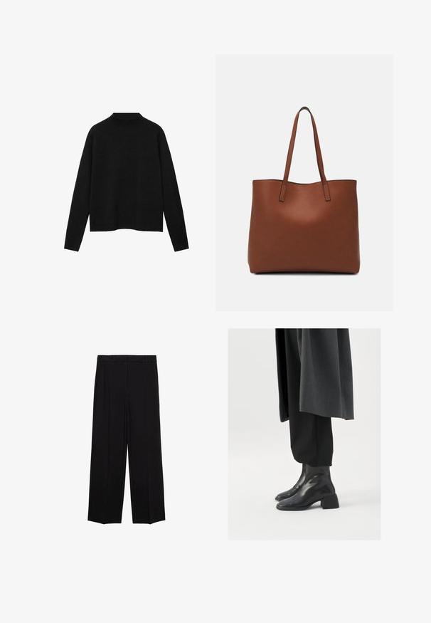 Crna rolka od mekanog materijala, s dugim rukavima i opuštenim krojem, s čistem, minimalističkim dizajnom.; Crne hlače širokog kroja od glatkog materijala, s plisama sprijeda i bočnim džepovima, dizajnirane s ravnim, opuštenim krojem.; Crne kožne gležnjače sa četvrtastim vrhom i debelim potplatom, nošene uz labave crne hlače i tamnosivi kaput. Glatka površinska tekstura.; Smeđa kožna torba preko ramena s glatkom teksturom, otvorenim vrhom i dvjema naramenicama. Ima minimalne šavove i nema vidljivog hardvera.