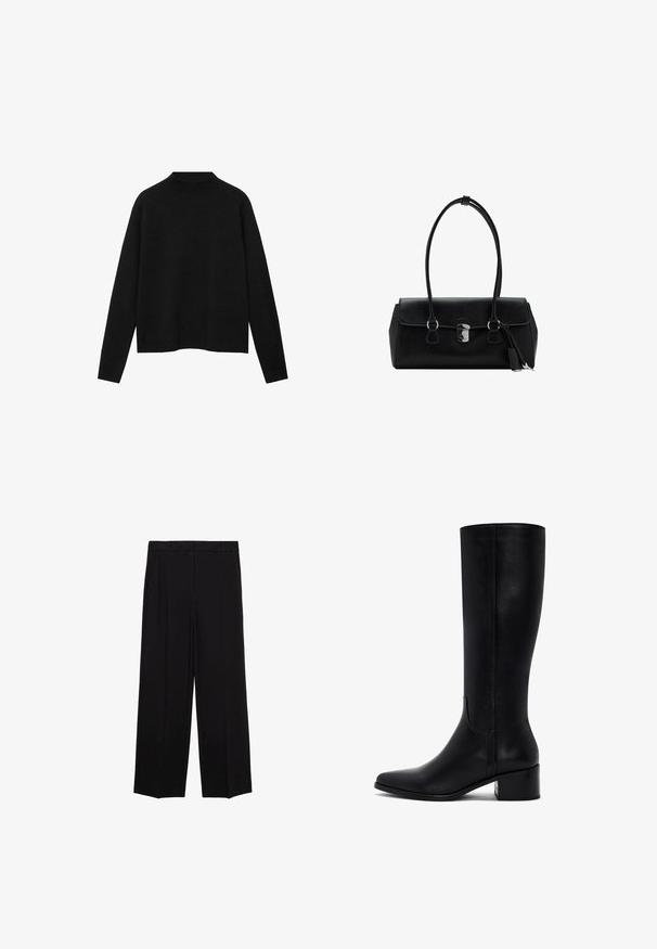 Pull à col roulé noir en tissu doux, avec des manches longues et une coupe décontractée, au design épuré et minimaliste.; Pantalons larges noirs en tissu lisse, avec des plis sur le devant et des poches latérales, conçus avec une coupe droite et décontractée.; Bottes en cuir noir montantes, avec un bout pointu, un talon bloc et une texture lisse. Présente un design épuré avec un minimum de détails.; Sac à main en cuir noir avec une texture lisse, au design structuré, doté de deux poignées et d'un détail en métal argenté au centre.