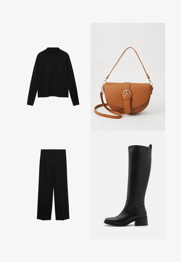 Zwarte coltrui van zacht materiaal, met lange mouwen en een relaxte pasvorm, met een schone, minimalistische uitstraling.; Zwarte wijde broek van een gladde stof, met plooien aan de voorkant en zijzakken, ontworpen met een rechte, relaxte snit.; Zwarte laarzen tot de knie, gemaakt van soepel leer, met een blokhak, ronde neus en een strakke, ongecompliceerde uitstraling.; Bruine leren schoudertas met een gebogen vorm, gouden hardware en een gespaccent. Bevat een afneembare schouderriem.