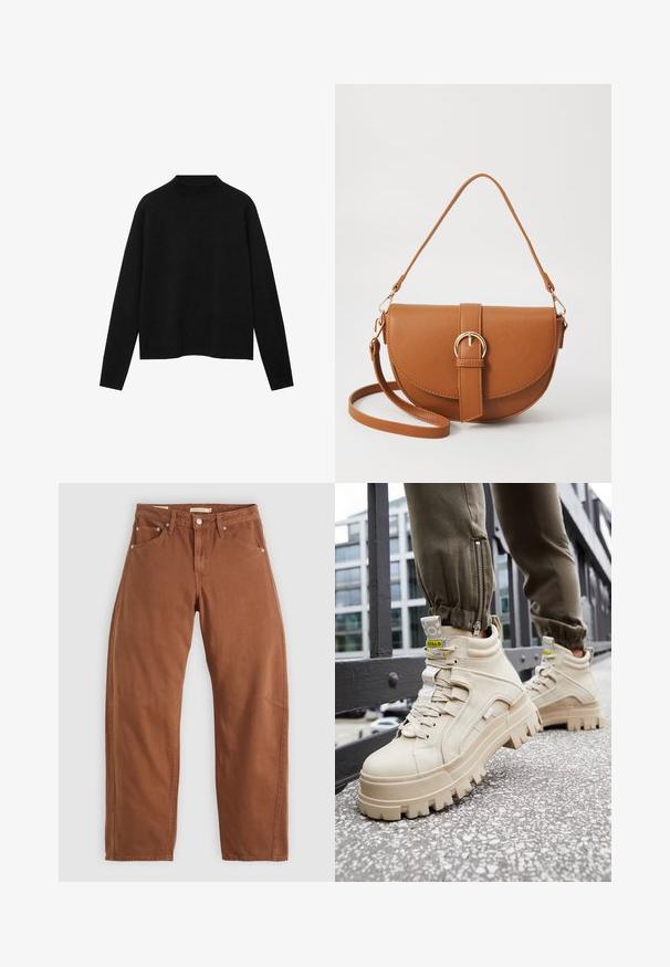 Mustat korkeakauluksinen neulepaita pehmeästä kankaasta, jossa on pitkät hihat ja rento istuvuus, sekä yksinkertainen, minimalinen muotoilu.; Ruskon väriset suorat lahkeet, joissa on etu- ja takataskut, metalliset niitit, napitus ja vyölenkit, asetettuna tasaiseksi valkoista taustaa vasten.; Beige korkeavartiset tennarit, joissa on paksu, teksturoitu pohja, nauhattava malli ja keltaiset korostustarrat. Teksturoitu nahkaosa, jossa on kontrastivärisiä ompeleita.; Ruskean nahkainen olkalaukku, jossa on kaareva muoto, kultaiset yksityiskohdat ja solkiyksityiskohta. Varustettu irrotettavalla olkahihnalla.