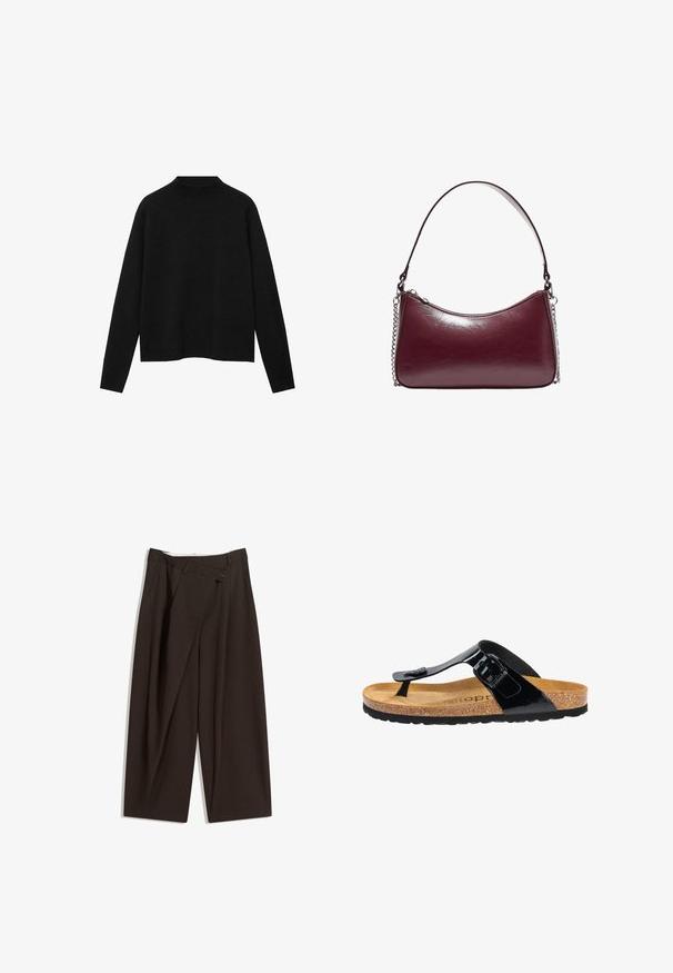 Sort rullekravesweater lavet af blødt stof, med lange ærmer og en afslappet pasform, samt et rent, minimalistisk design.; Mørkebrune brede bukser med høj talje, udstyret med en enkelt knaplukning og en plisseret front. Lavet af letvægtsstof.; Sort patenteret læder flip-flop sandal med en korkfodseng, gummisål og en spændeaccent på remmen. Glat overflade, minimalistisk design.; Bordeaux læder håndtaske med en buet form, lynlåslukning og en rem med kædeaccent. Glat tekstur med let glans.