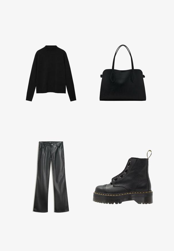 Mustat korkeakauluksinen neulepaita pehmeästä kankaasta, jossa on pitkät hihat ja rento istuvuus, sekä yksinkertainen, minimalinen muotoilu.; Mustat keinonahkaiset flared-housut, joissa on sileä rakenne, viisi taskua, vetoketju edessä ja kontrastivärinenniitit.; Mustat nahkaisen nilkkurit, joissa on teksturoidun pinnan, pyöreä kärki, nauhakiinnitys, keltainen ommel ja paksu, uritettu musta alustapohja.; Mustavihreä nahkalaukku, jossa on kaksinkertaiset olkahihnat, suorakaiteen muotoinen ja minimalistinen muotoilu valkoisella taustalla.