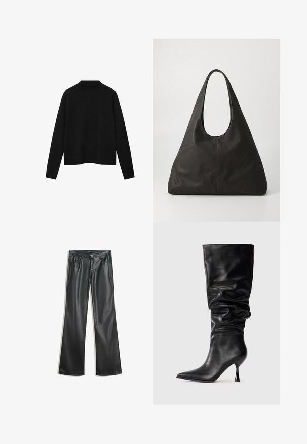 Zwarte coltrui van zacht materiaal, met lange mouwen en een relaxte pasvorm, met een schone, minimalistische uitstraling.; Zwarte nep leren flared broek met een gladde textuur, vijf zakken, ritssluiting aan de voorkant en contrasterende stiksels.; Zwarte leren kniehoog laars met een slouchy ontwerp, spitse neus en een dunne stilettohak, met een gladde textuur en minimale accenten.; Zwarte leren tote bag met een gebogen handvat, langwerpige driehoekige vorm en een zachte textuur. Kenmerkt zich door een minimalistisch ontwerp zonder zichtbare hardware.