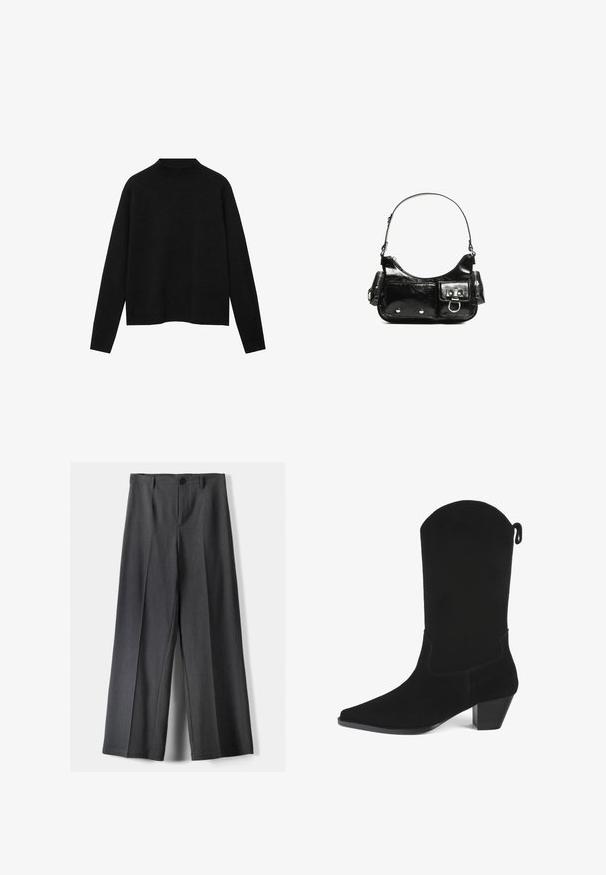 Zwarte coltrui van zacht materiaal, met lange mouwen en een relaxte pasvorm, met een schone, minimalistische uitstraling.; Wijde broek in donkergrijze stof, met een knoopsluiting, voorplooien en riemlussen. Gladde textuur met een op maat gemaakte uitstraling.; Zwarte suède cowboylaars met een spitse teen, een lichte hak en een gegolfde bovenrand. Kenmerkt zich door minimale stiksels en een lus aan de achterkant.; Zwarte laarzen in lakleer met een gebogen vorm, één schouderband, voorvakken en accenten in zilverkleurig metaal.