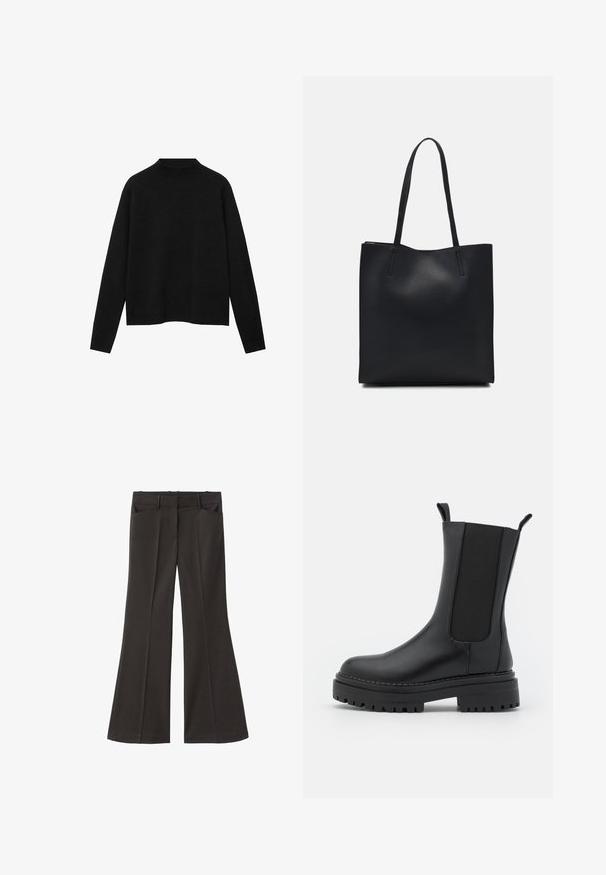 Zwarte coltrui van zacht materiaal, met lange mouwen en een relaxte pasvorm, met een schone, minimalistische uitstraling.; Zwarte flared broek met een hoge taille; beschikt over twee voorkeurszakken en een gladde stoftextuur. Geschikt voor verschillende gelegenheden.; RAID CHERISH - Plateaulaarzen - black; Zwarte leren handtas met een gladde textuur, rechthoekige vorm en twee lange handvaten. Geen zichtbare hardware of versieringen.