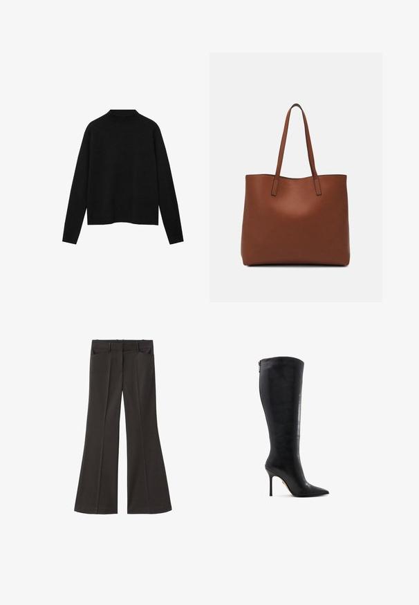 Svart polotröja i mjuk tyg, med långa ärmar och avslappnad passform, med en ren, minimalistisk design.; Svarta utsvängda byxor med hög midja; har två framfickor och en mjuk tygtextur. Lämpliga för olika tillfällen.; Svart knähög läderstilettboot med spetsig tå och bakdragkedja på vit bakgrund, sidovy.; Brun läder tote-väska med en slät textur, öppen toppdesign och två axelremmar. Har minimal söm och ingen synlig metalldetalj.
