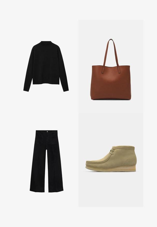 Maglione a collo alto di colore nero realizzato in tessuto morbido, con maniche lunghe e una vestibilità rilassata, caratterizzato da un design pulito e minimalista.; Pantaloni in denim neri a gamba larga con vita alta, tasche frontali, passanti per cintura e chiusura con bottone.; Stivaletti alla caviglia in suede beige con punta tonda, cuciture minime, tacco basso e chiusura con lacci per una vestibilità regolabile.; Borsa tote in pelle marrone con texture liscia, design con apertura superiore e due spallacci. Presenta cuciture minime e nessun hardware visibile.