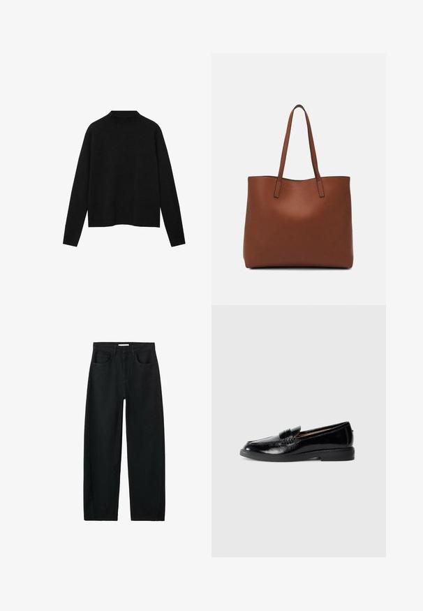 Crna rolka od mekanog materijala, s dugim rukavima i opuštenim krojem, s čistem, minimalističkim dizajnom.; Crne traperice ravnog kroja s visokim strukom, prednjim džepovima, petljama za remen i vidljivim šavovima na bijeloj pozadini.; Crni sjajni kožni loafer s zaobljenim prstima, niskim potpeticama, ukrasnom trakom i glatkom potplatom na jednostavnoj svijetlosivoj pozadini.; Smeđa kožna torba preko ramena s glatkom teksturom, otvorenim vrhom i dvjema naramenicama. Ima minimalne šavove i nema vidljivog hardvera.
